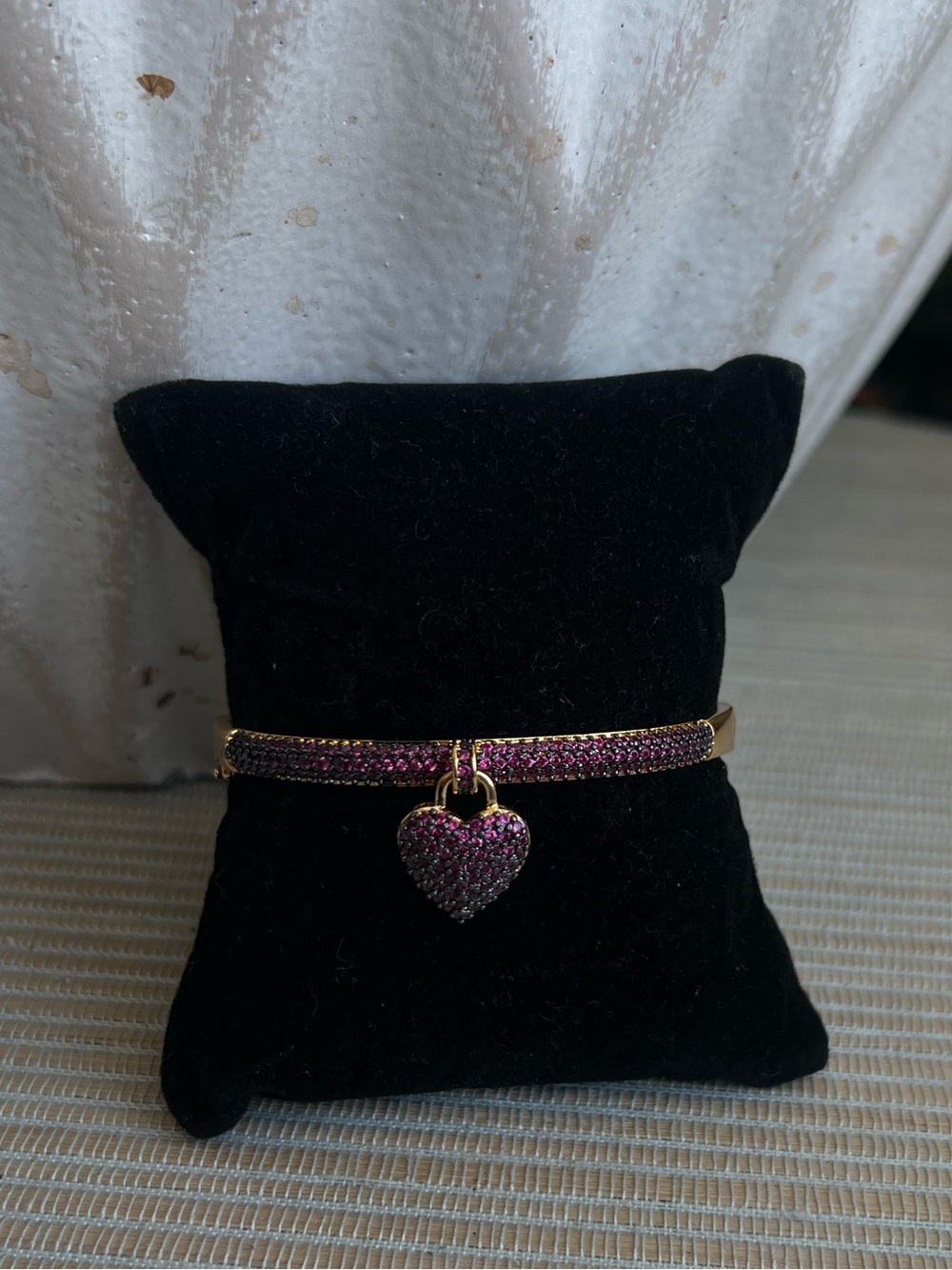 Purple pavé heart charm pendant gold bracelet bangle